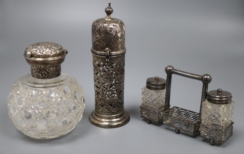 A late Victorian silver topped cut glass scent bottle & 2 other items.